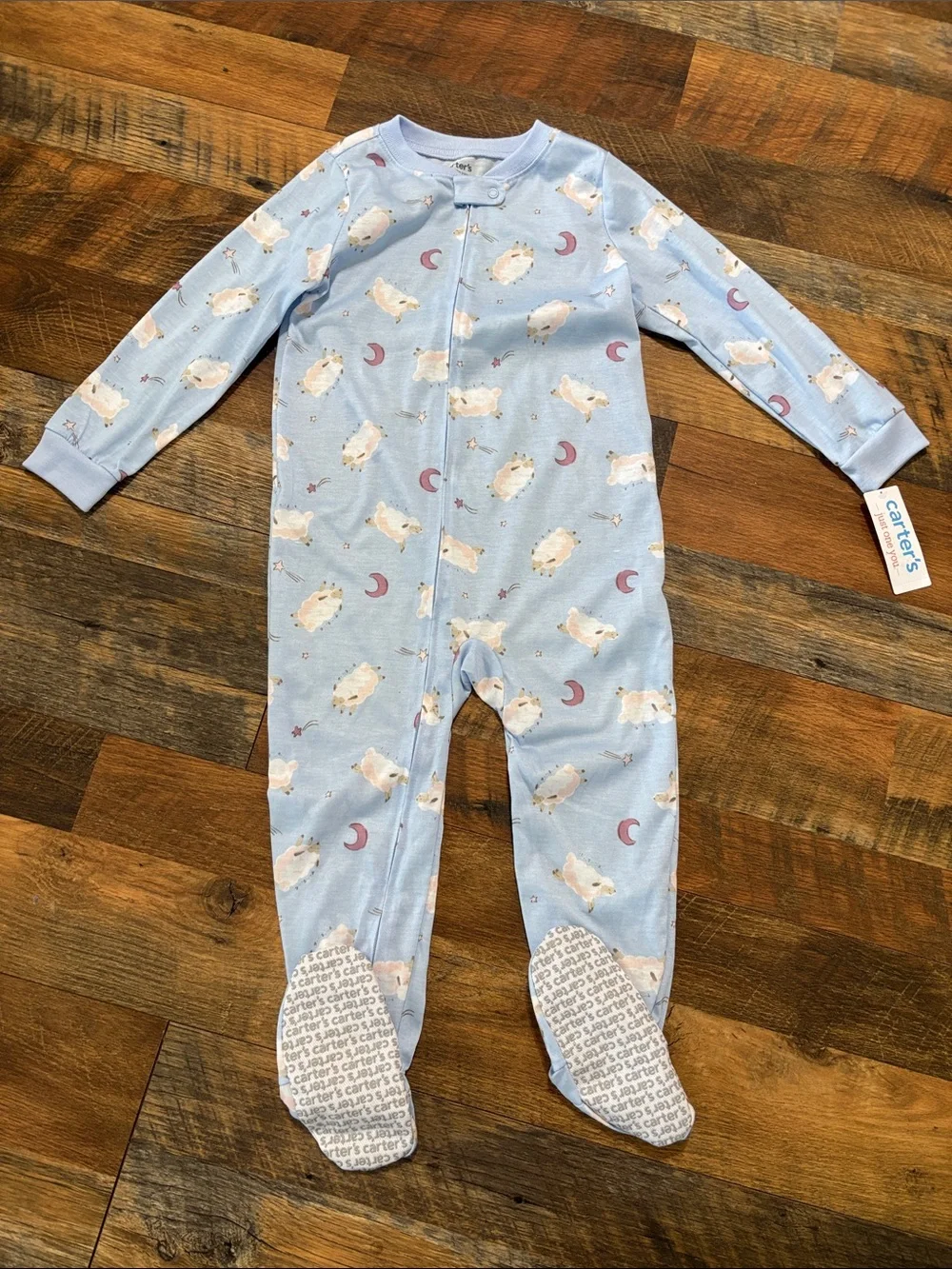 Carter's Pale Blue Footed One-Piece Pajama with Sheep and Moon Print
